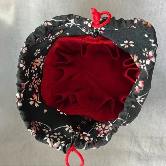 CHERRY BLOSSOM Drawstring Cosmetic Bag Denim Blue Pink Sakura - Picture 2 of 10